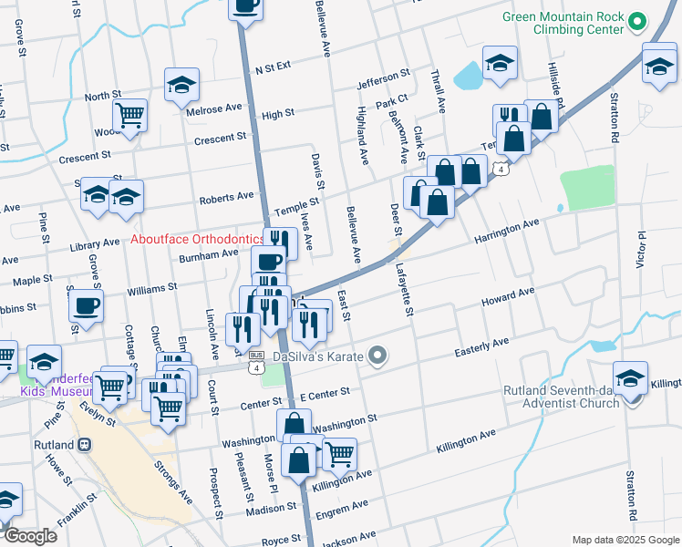 map of restaurants, bars, coffee shops, grocery stores, and more near 41 Edgerton Street in Rutland