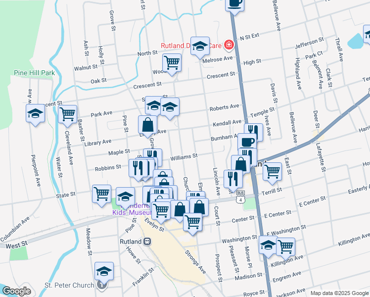map of restaurants, bars, coffee shops, grocery stores, and more near 52 Williams Street in Rutland