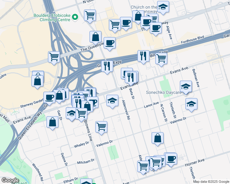 map of restaurants, bars, coffee shops, grocery stores, and more near in Toronto