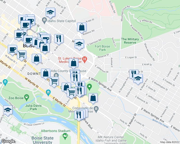 map of restaurants, bars, coffee shops, grocery stores, and more near 310 East Warm Springs Avenue in Boise