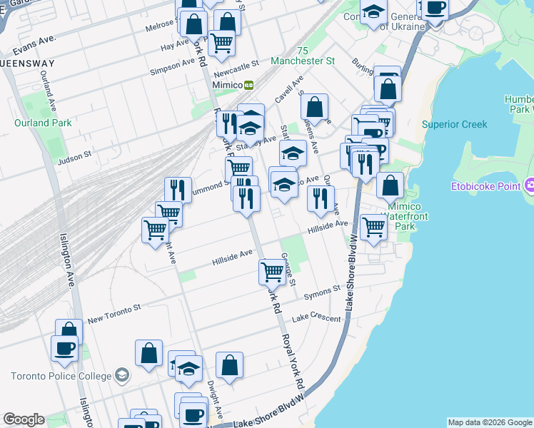 map of restaurants, bars, coffee shops, grocery stores, and more near in Toronto