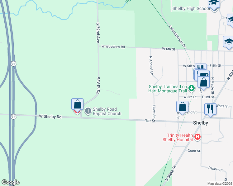 map of restaurants, bars, coffee shops, grocery stores, and more near 1876 72nd Avenue in Shelby