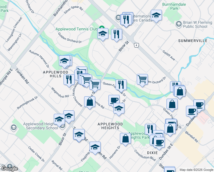map of restaurants, bars, coffee shops, grocery stores, and more near 3352 Queen Frederica Drive in Mississauga