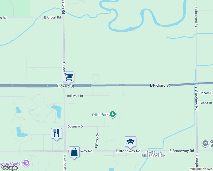 map of restaurants, bars, coffee shops, grocery stores, and more near 7285 East Pickard Road in Mount Pleasant