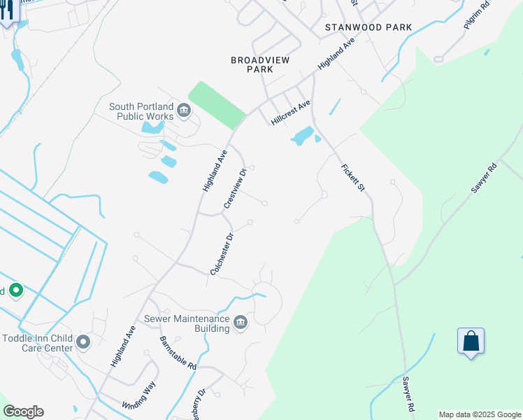 map of restaurants, bars, coffee shops, grocery stores, and more near 31 Vista Drive in South Portland