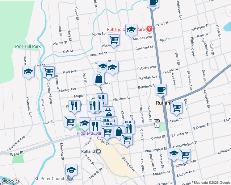 map of restaurants, bars, coffee shops, grocery stores, and more near 66 Williams Street in Rutland