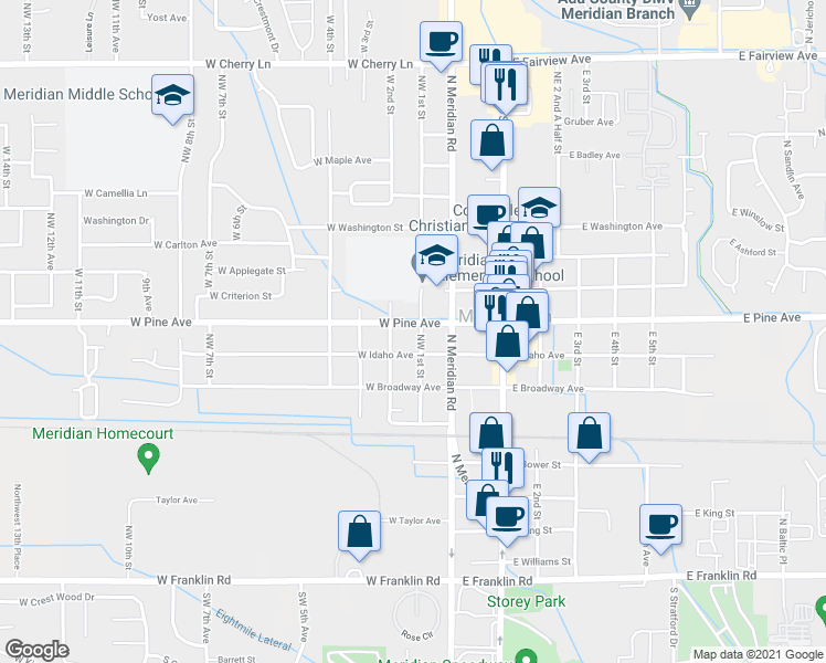map of restaurants, bars, coffee shops, grocery stores, and more near 101 West Pine Avenue in Meridian