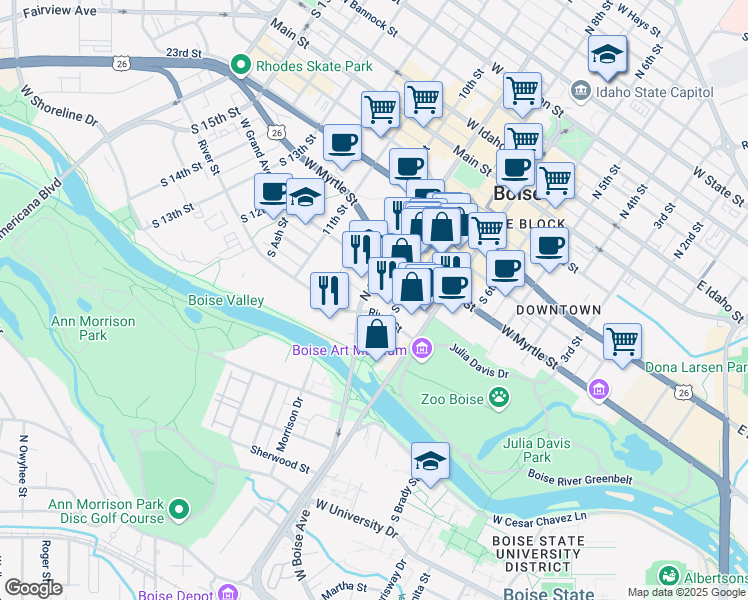 map of restaurants, bars, coffee shops, grocery stores, and more near 701 South 8th Street in Boise