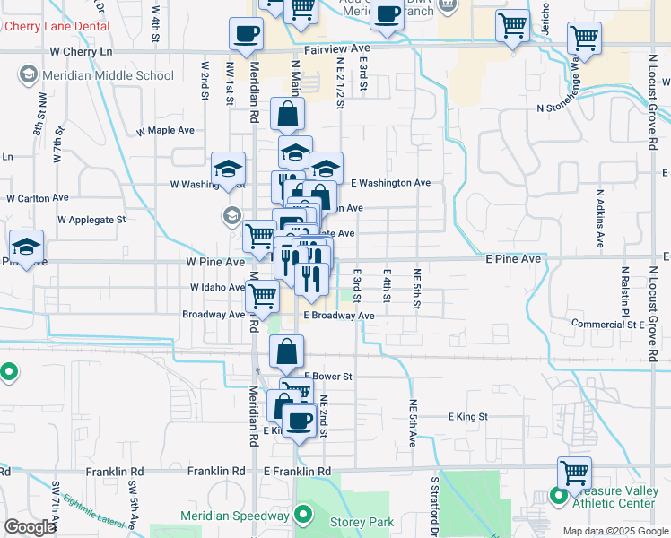 map of restaurants, bars, coffee shops, grocery stores, and more near 223 East Idaho Avenue in Meridian