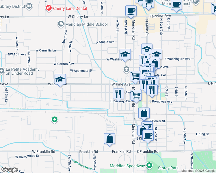 map of restaurants, bars, coffee shops, grocery stores, and more near 241 West Idaho Avenue in Meridian