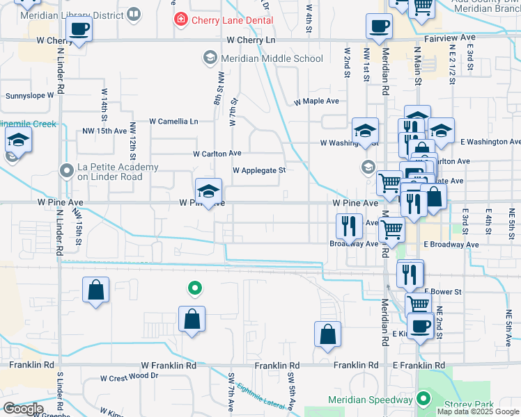 map of restaurants, bars, coffee shops, grocery stores, and more near 561 West Idaho Avenue in Meridian