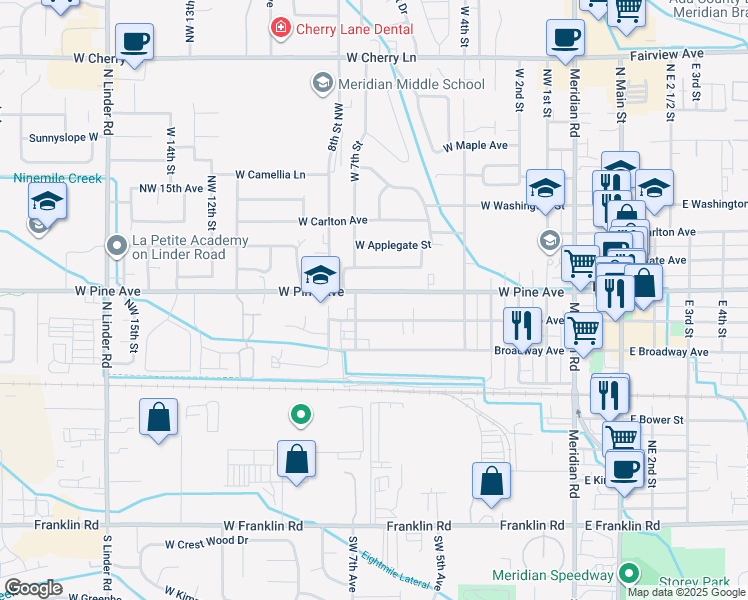 map of restaurants, bars, coffee shops, grocery stores, and more near 561 West Idaho Avenue in Meridian
