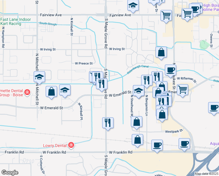 map of restaurants, bars, coffee shops, grocery stores, and more near 8950 West Emerald Street in Boise
