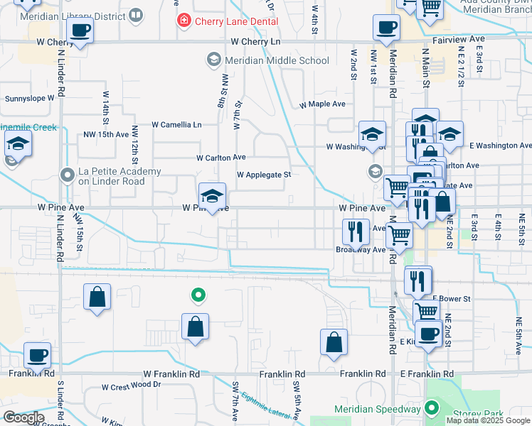 map of restaurants, bars, coffee shops, grocery stores, and more near 611 West Pine Avenue in Meridian