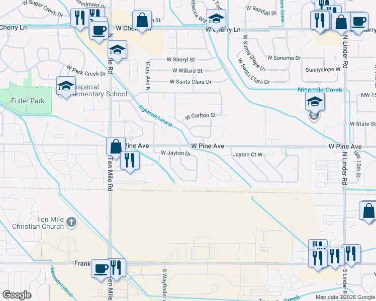 map of restaurants, bars, coffee shops, grocery stores, and more near 2657 West Jayton Drive in Meridian
