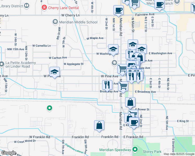 map of restaurants, bars, coffee shops, grocery stores, and more near 303 West Pine Avenue in Meridian