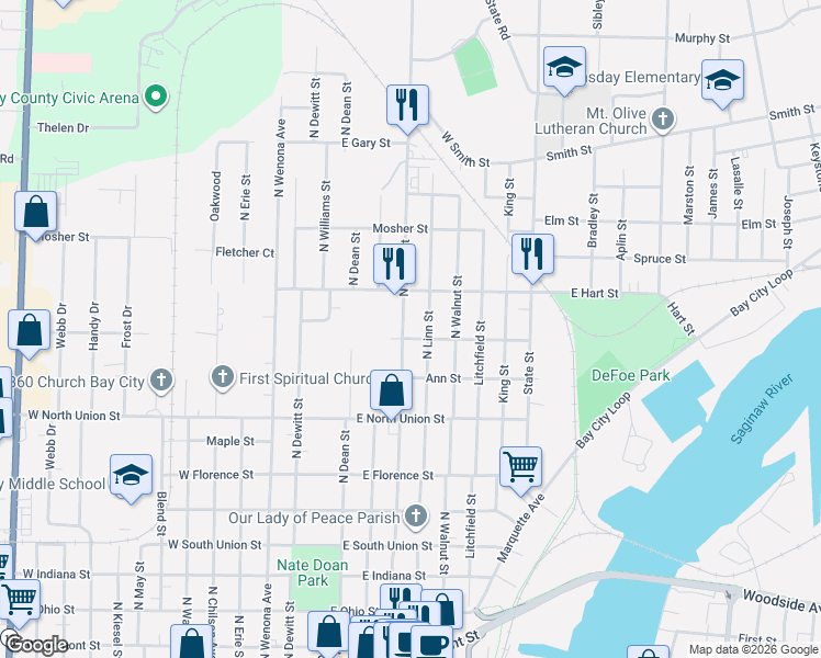 map of restaurants, bars, coffee shops, grocery stores, and more near 908 North Henry Street in Bay City