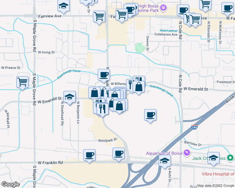 map of restaurants, bars, coffee shops, grocery stores, and more near 8111-8199 West Emerald Street in Boise