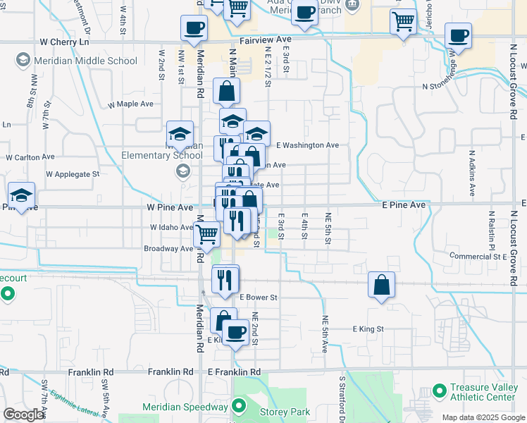 map of restaurants, bars, coffee shops, grocery stores, and more near 223 East Idaho Avenue in Meridian