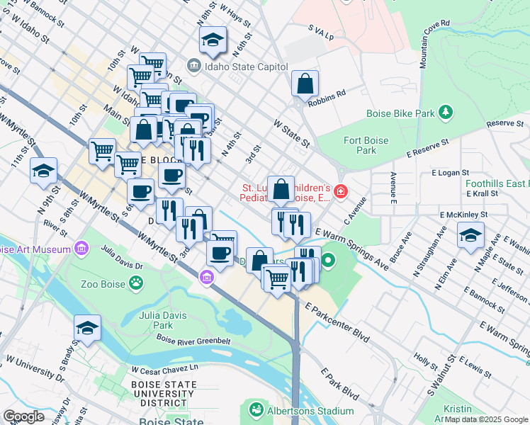 map of restaurants, bars, coffee shops, grocery stores, and more near 101 West Main Street in Boise