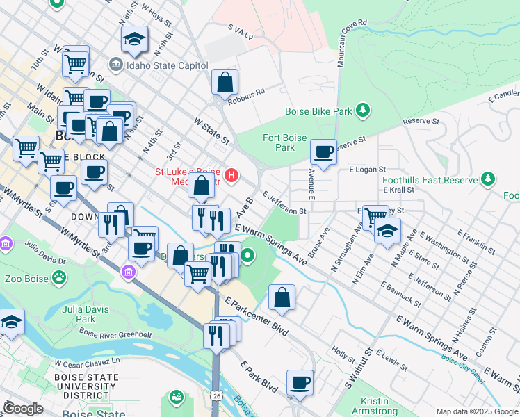 map of restaurants, bars, coffee shops, grocery stores, and more near 330 East Bannock Street in Boise