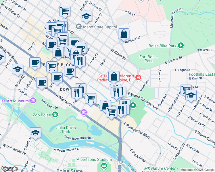 map of restaurants, bars, coffee shops, grocery stores, and more near 100 West Main Street in Boise