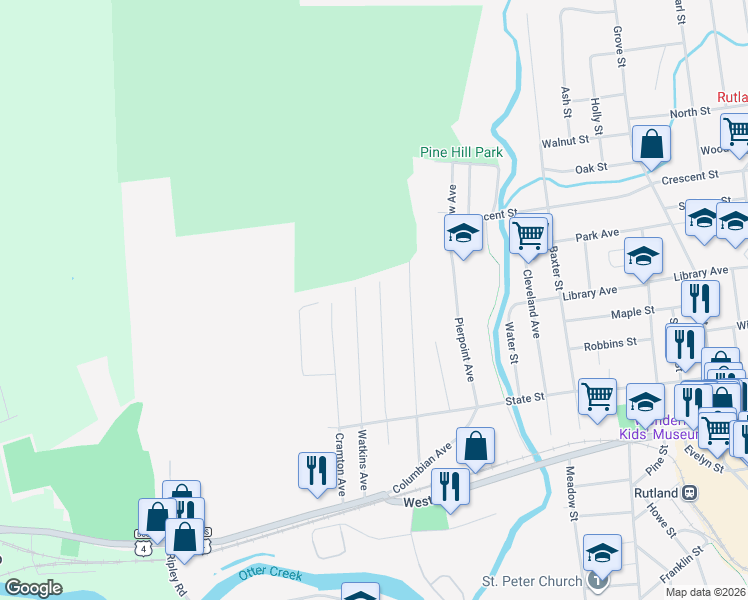 map of restaurants, bars, coffee shops, grocery stores, and more near 75 Watkins Avenue in Rutland