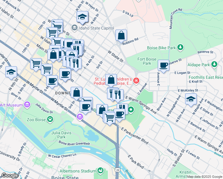 map of restaurants, bars, coffee shops, grocery stores, and more near 107 East Idaho Street in Boise