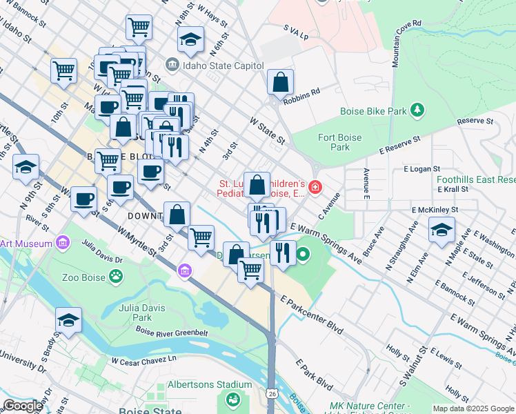 map of restaurants, bars, coffee shops, grocery stores, and more near 107 East Idaho Street in Boise