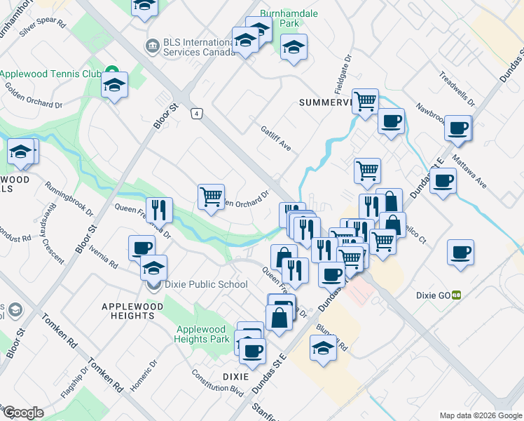 map of restaurants, bars, coffee shops, grocery stores, and more near 3170 Golden Orchard Drive in Mississauga
