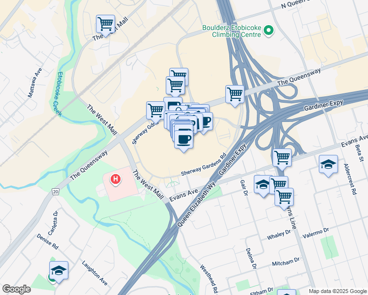 map of restaurants, bars, coffee shops, grocery stores, and more near 25 Sherway Gardens Road in Toronto
