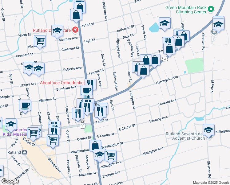 map of restaurants, bars, coffee shops, grocery stores, and more near 37 Bellevue Avenue in Rutland
