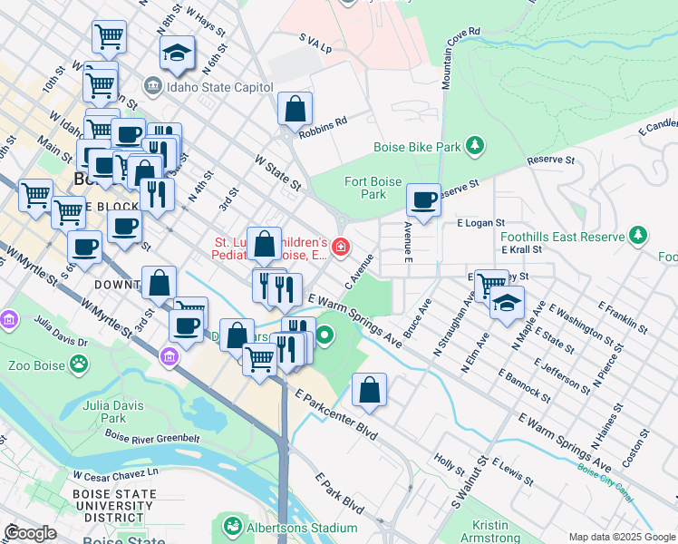map of restaurants, bars, coffee shops, grocery stores, and more near 190 East Bannock Street in Boise