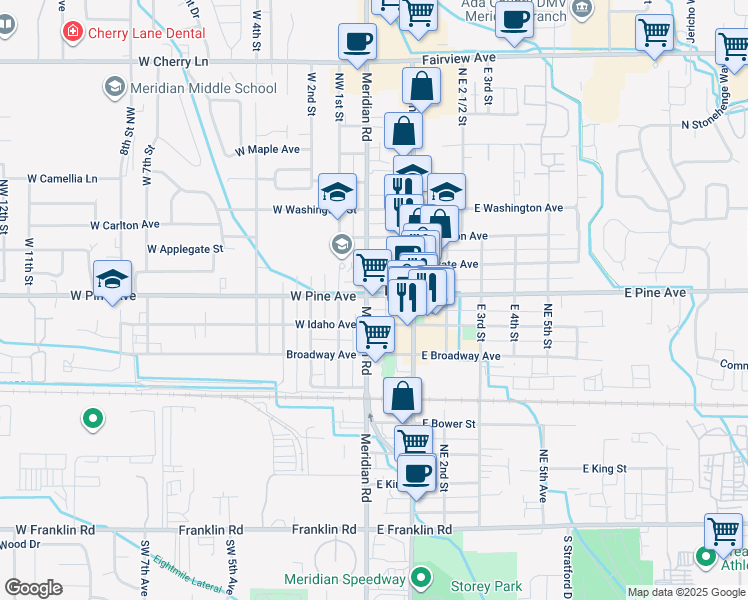 map of restaurants, bars, coffee shops, grocery stores, and more near 17 East Pine Avenue in Meridian