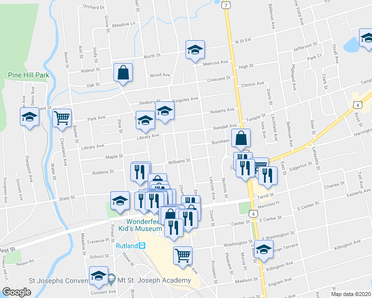 map of restaurants, bars, coffee shops, grocery stores, and more near 55 Elm Street in Rutland