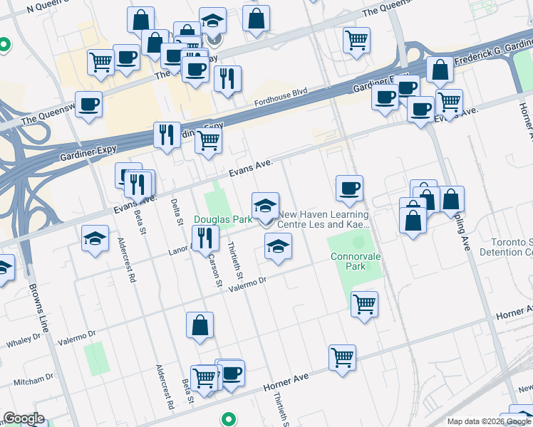 map of restaurants, bars, coffee shops, grocery stores, and more near 5 Paula Boulevard in Toronto