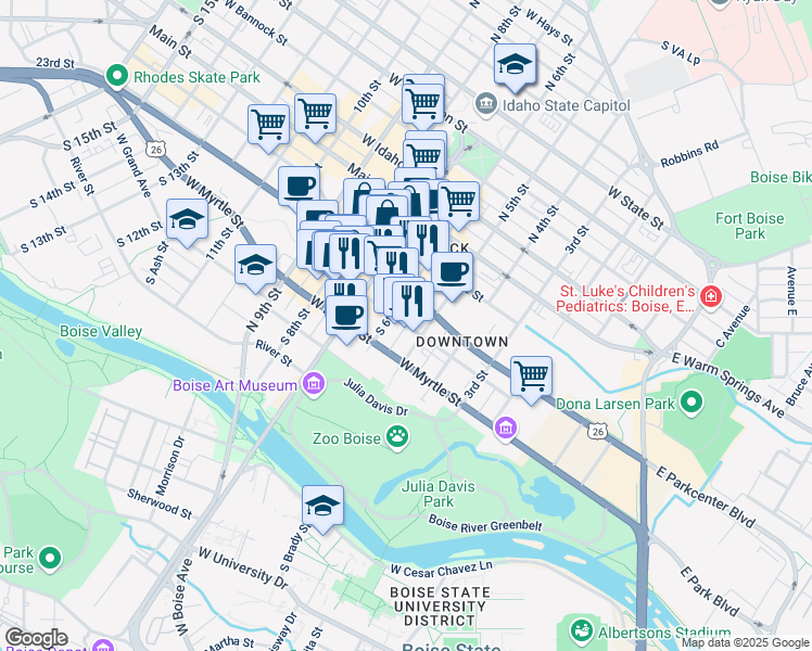 map of restaurants, bars, coffee shops, grocery stores, and more near West Broad Street in Boise