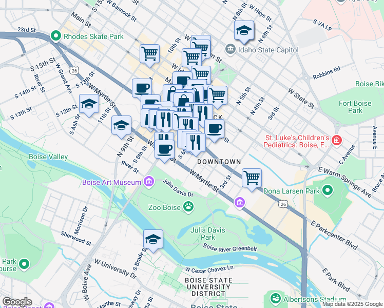 map of restaurants, bars, coffee shops, grocery stores, and more near West Broad Street in Boise