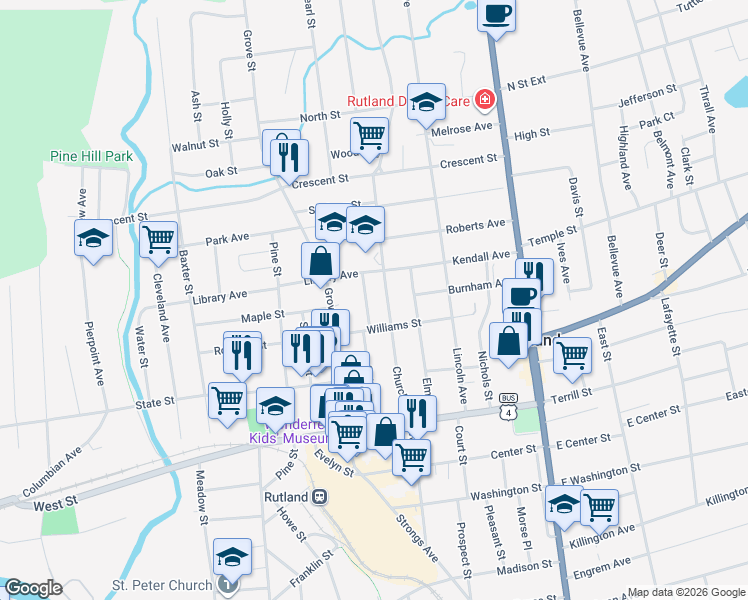 map of restaurants, bars, coffee shops, grocery stores, and more near 60 Chestnut Avenue in Rutland