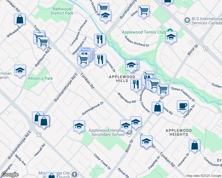 map of restaurants, bars, coffee shops, grocery stores, and more near 1017 Runningbrook Drive in Mississauga