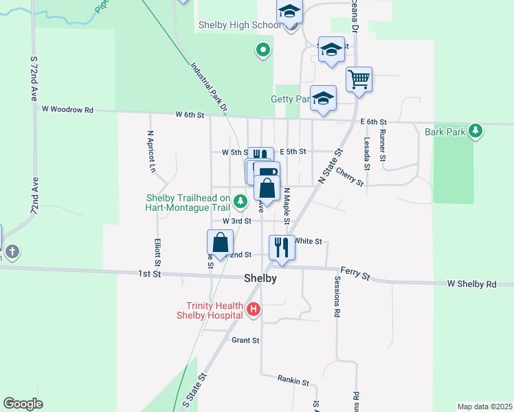 map of restaurants, bars, coffee shops, grocery stores, and more near 225 North Michigan Avenue in Shelby