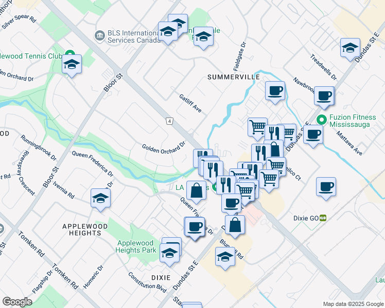 map of restaurants, bars, coffee shops, grocery stores, and more near 3150 Golden Orchard Drive in Mississauga