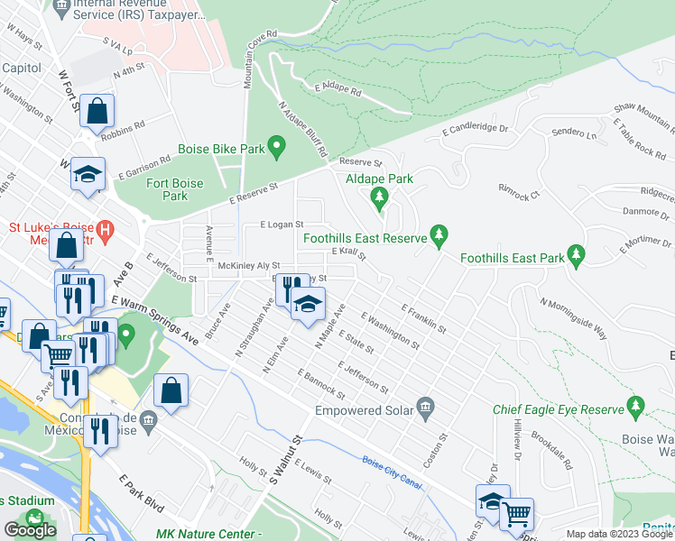 map of restaurants, bars, coffee shops, grocery stores, and more near 1012 East McKinley Street in Boise