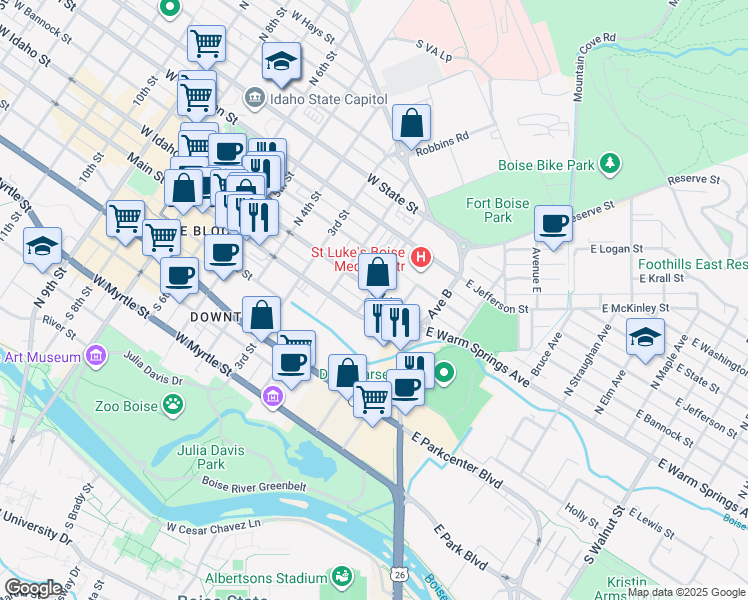 map of restaurants, bars, coffee shops, grocery stores, and more near 114 East Warm Springs Avenue in Boise