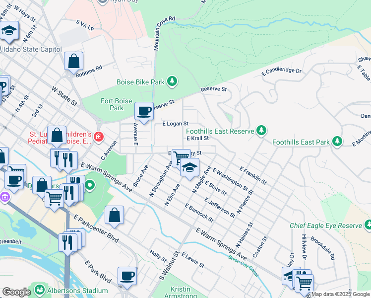 map of restaurants, bars, coffee shops, grocery stores, and more near 915 East Krall Street in Boise