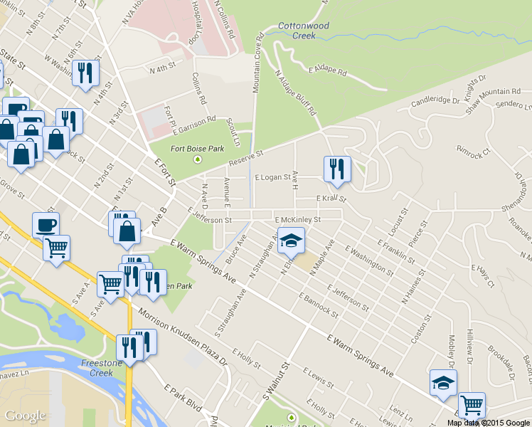 map of restaurants, bars, coffee shops, grocery stores, and more near 455 North Avenue H in Boise