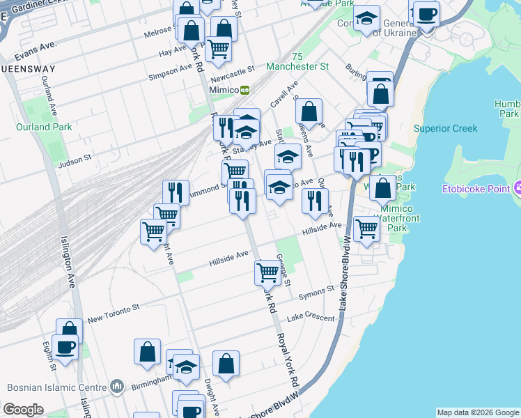 map of restaurants, bars, coffee shops, grocery stores, and more near in Toronto