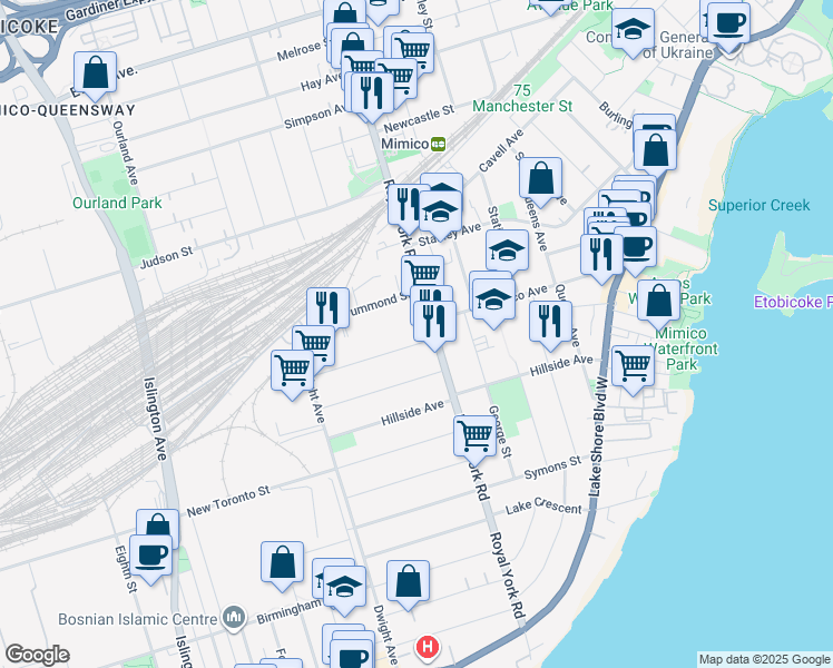 map of restaurants, bars, coffee shops, grocery stores, and more near 2007 Royal York Road in Toronto