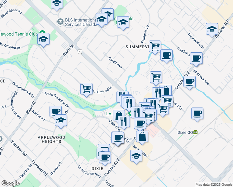 map of restaurants, bars, coffee shops, grocery stores, and more near in Mississauga
