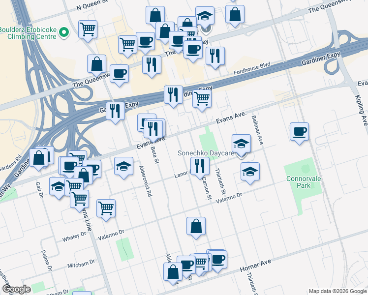 map of restaurants, bars, coffee shops, grocery stores, and more near 291 Delta Street in Toronto